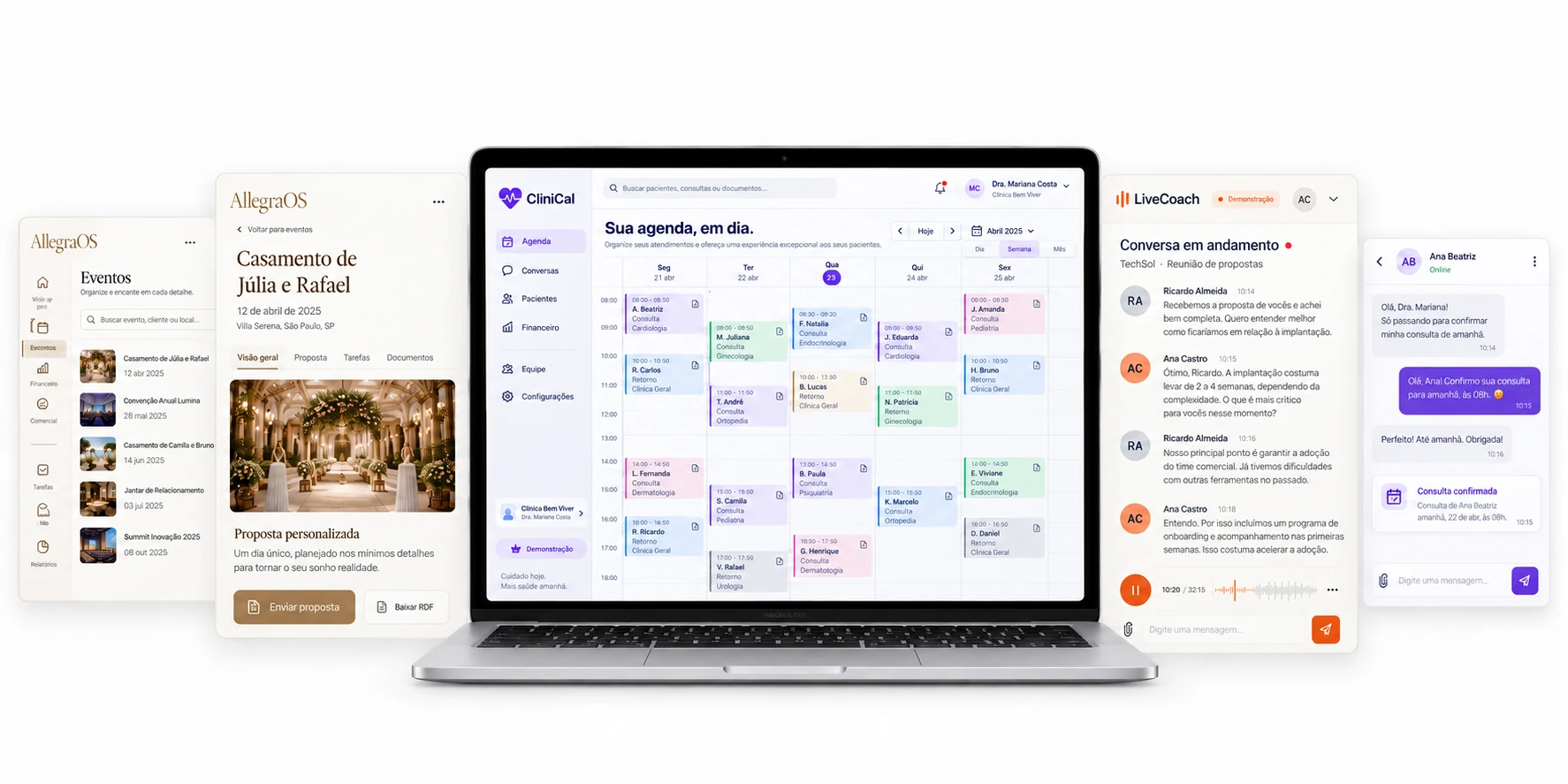 MacBook centralizado com interfaces de CliniCal, AllegraOS e LiveCoach apresentadas lado a lado